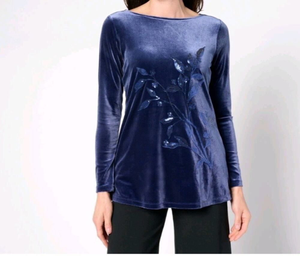 Beautiful Lawrence Zarian Size PL Blue Stretch Velvet Sequins Tunic A670929 NWOT